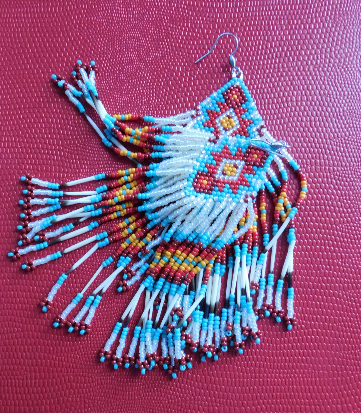 Boucles d'oreilles en verre, Épines de Porc-Épics, Bijou perlé, Faits à la main, Beige, Turquoise, Rouge, Cadeau de fête des mères, Unique