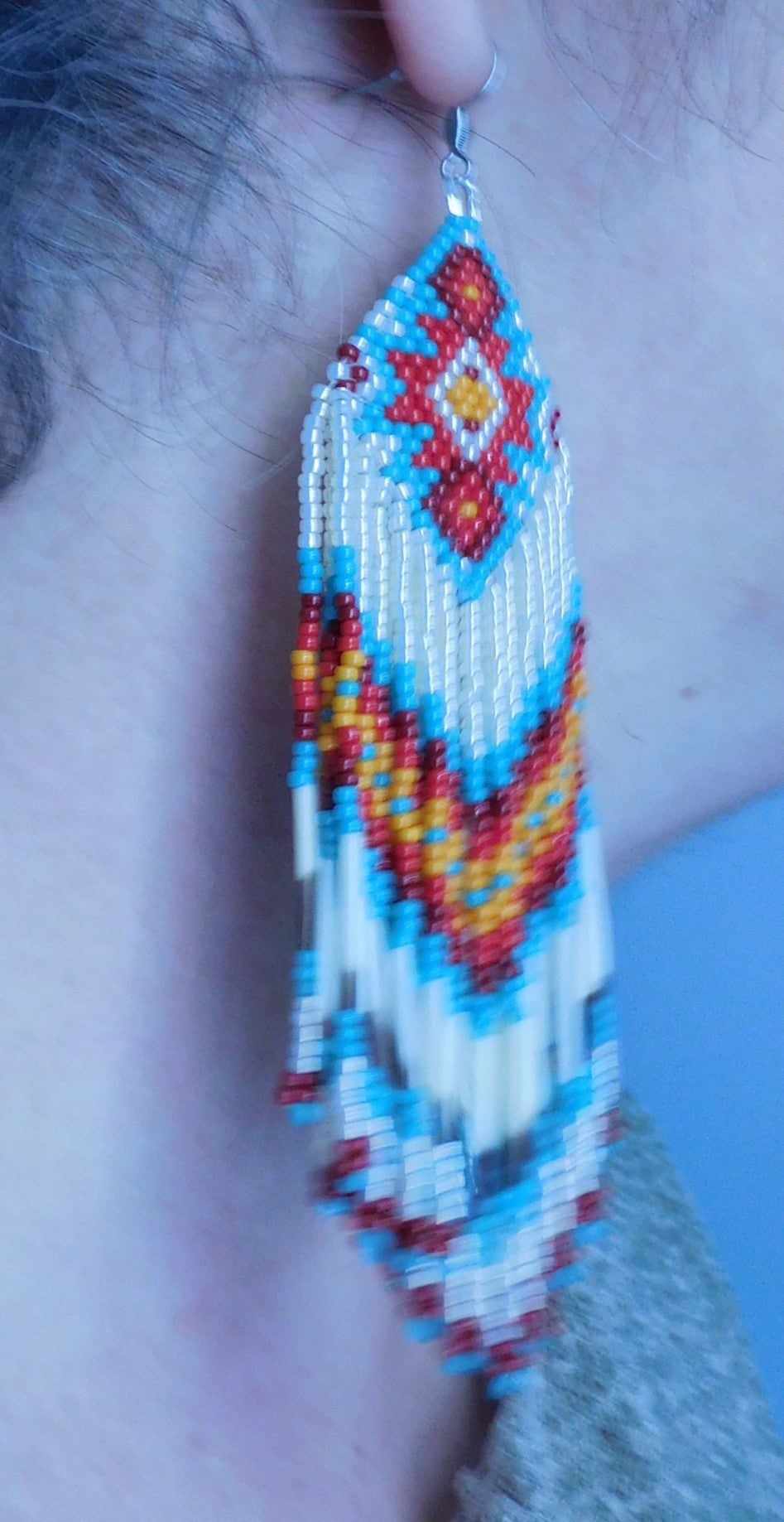 Boucles d'oreilles en verre, Épines de Porc-Épics, Bijou perlé, Faits à la main, Beige, Turquoise, Rouge, Cadeau de fête des mères, Unique