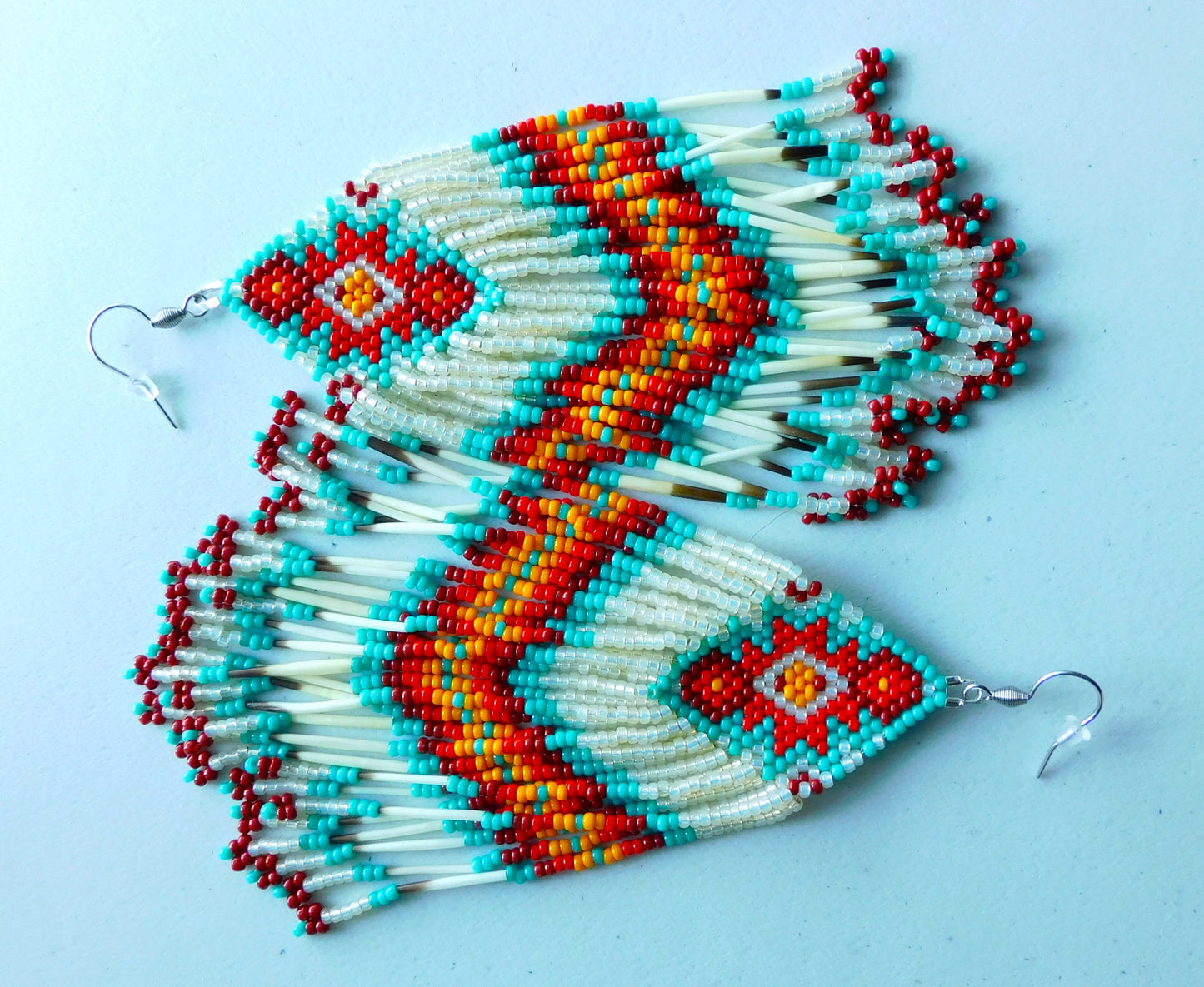 Boucles d'oreilles en verre, Épines de Porc-Épics, Bijou perlé, Faits à la main, Beige, Turquoise, Rouge, Cadeau de fête des mères, Unique