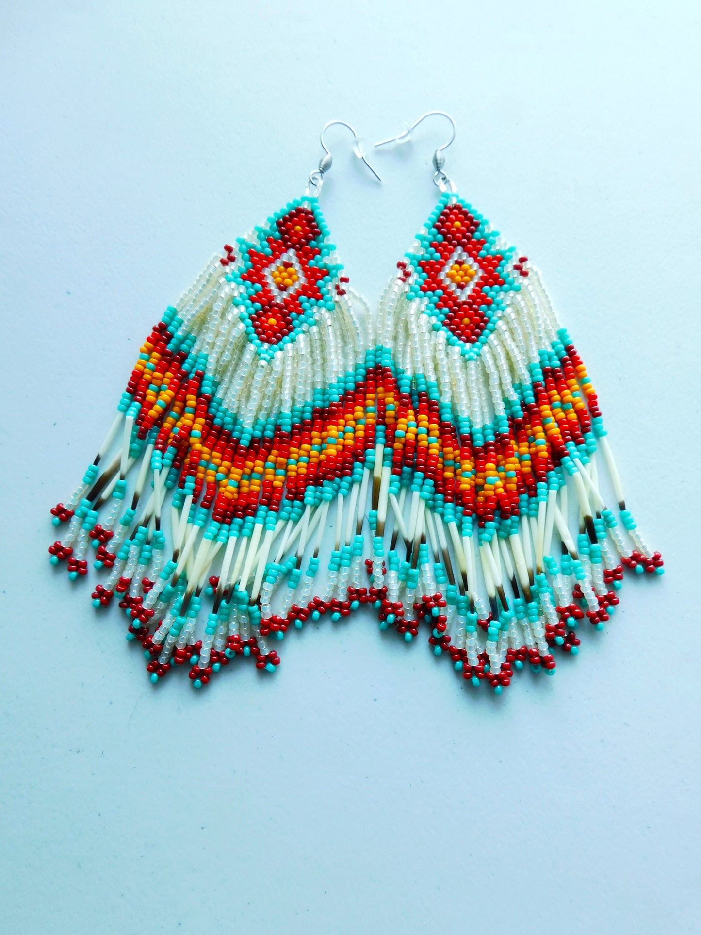 Boucles d'oreilles en verre, Épines de Porc-Épics, Bijou perlé, Faits à la main, Beige, Turquoise, Rouge, Cadeau de fête des mères, Unique