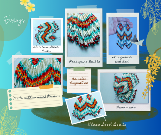 Boucles d'oreilles en verre, Épines de Porc-Épics, Bijou perlé, Faits à la main, Beige, Turquoise, Rouge, Cadeau de fête des mères, Unique