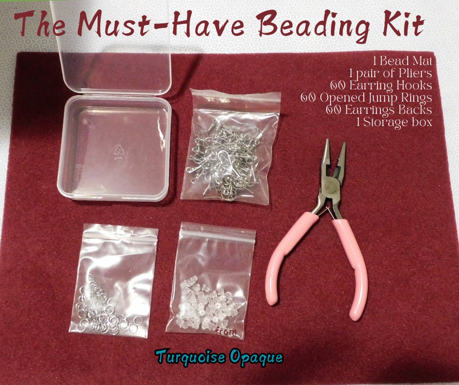 Must-Have Beading Kit, Includes: Bead Mat, Chain Maille Pliers, 60 Opened Jump Rings, 60 Earring Hooks, 60 Bullets and a Storage Box